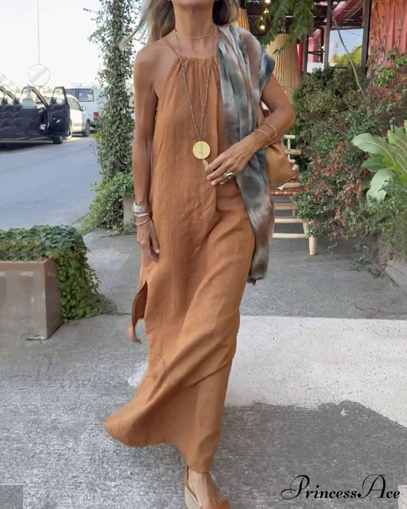 Halter Dress with Slit - Solid Color Brown / S