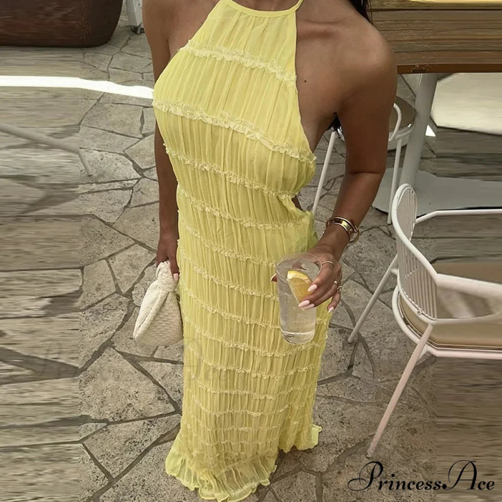 Halter Folded Bohemian Holiday Dress 01 Yellow / S vacationdress-250223