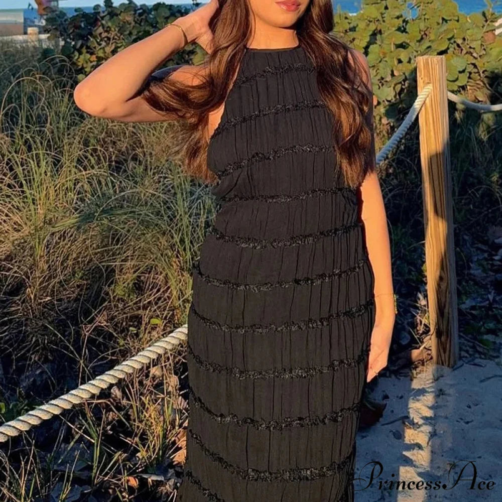 Halter Folded Bohemian Holiday Dress 03 Black / S vacationdress-250223