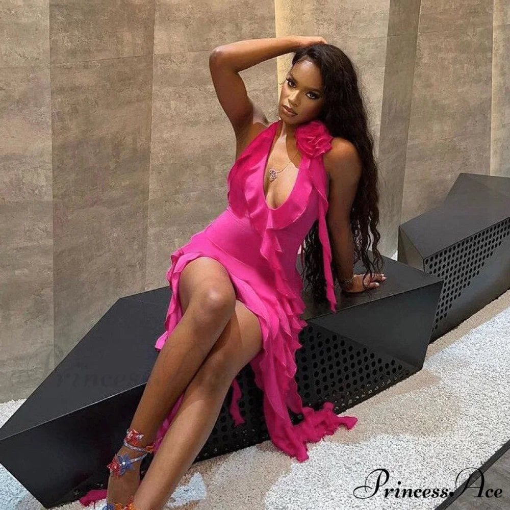 Halter Fringe Flower Charming Mesh Midi Dress
