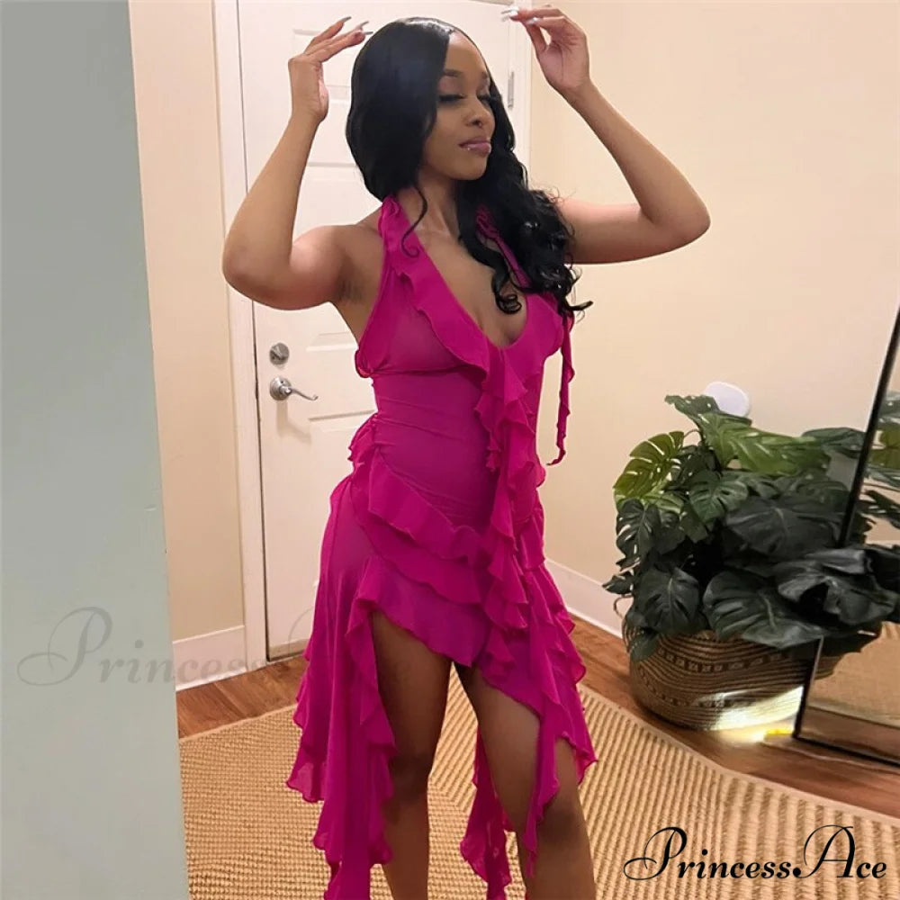 Halter Fringe Flower Charming Mesh Midi Dress