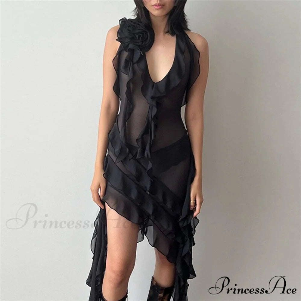 Halter Fringe Flower Charming Mesh Midi Dress