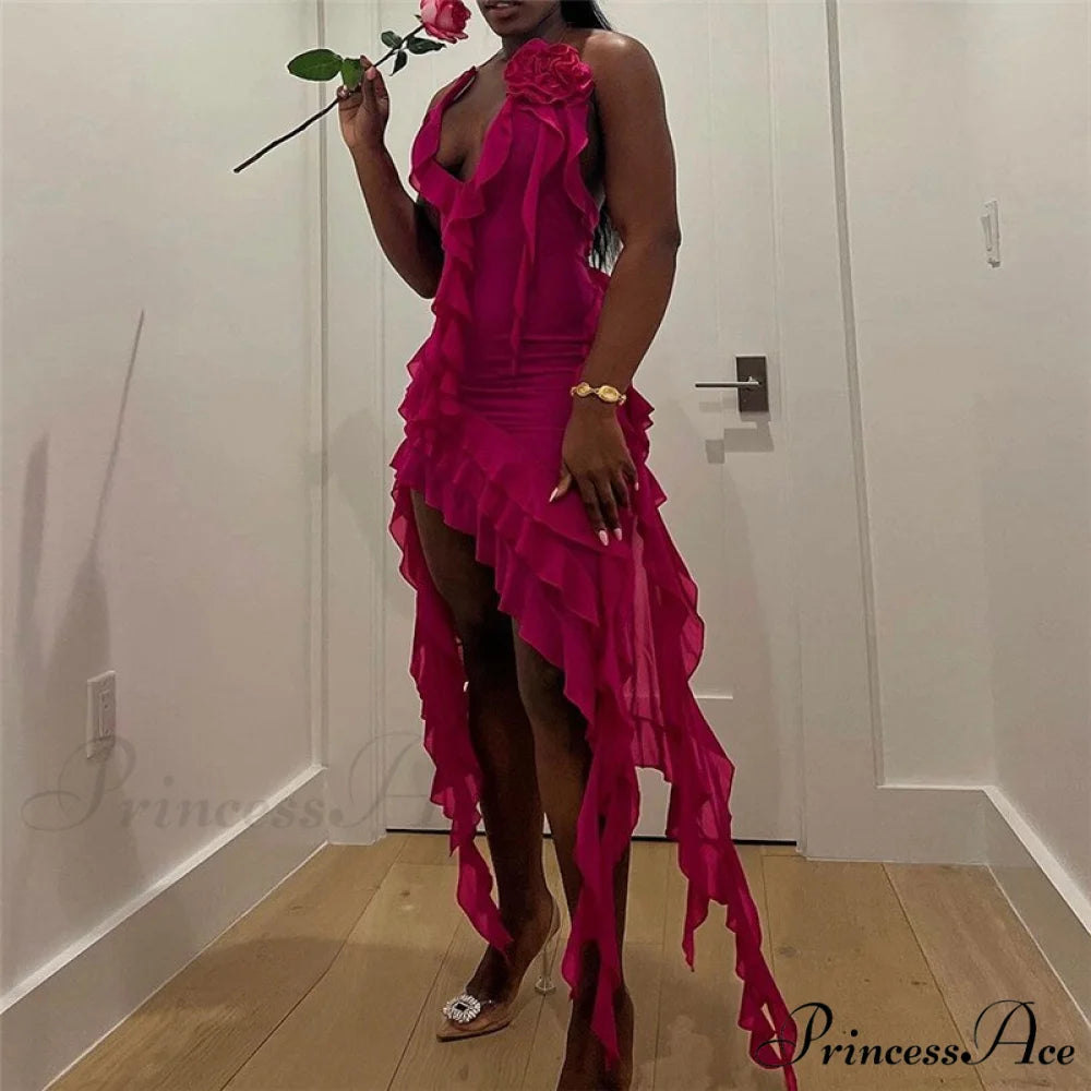 Halter Fringe Flower Charming Mesh Midi Dress