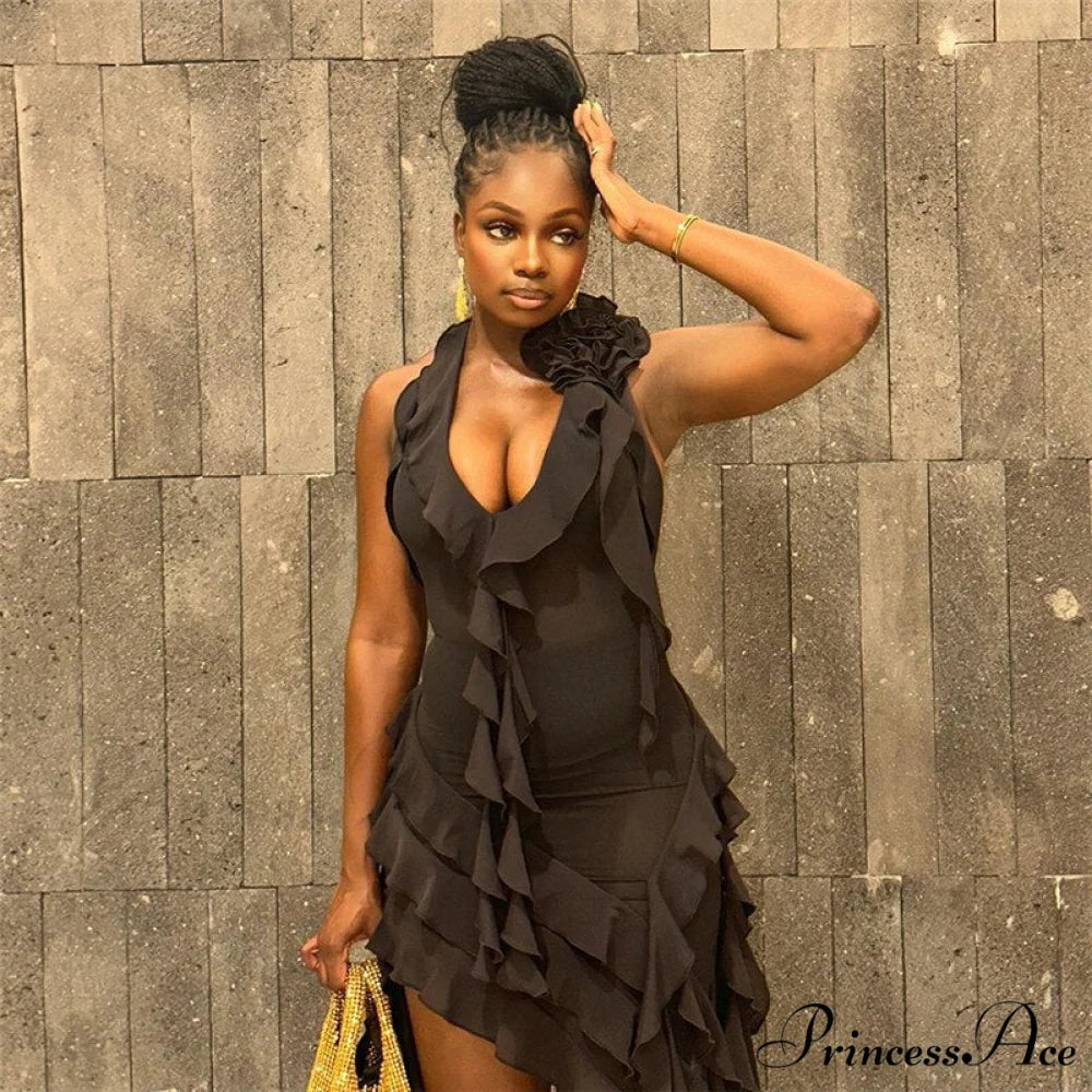 Halter Fringe Flower Charming Mesh Midi Dress