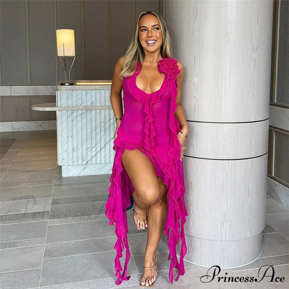 Halter Fringe Flower Charming Mesh Midi Dress