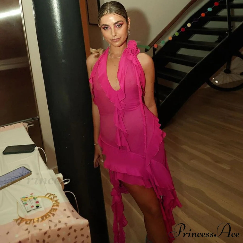 Halter Fringe Flower Charming Mesh Midi Dress