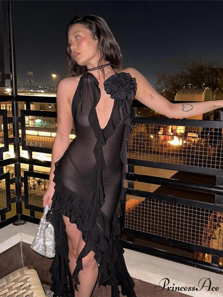 Halter Fringe Flower Charming Mesh Midi Dress Black / S