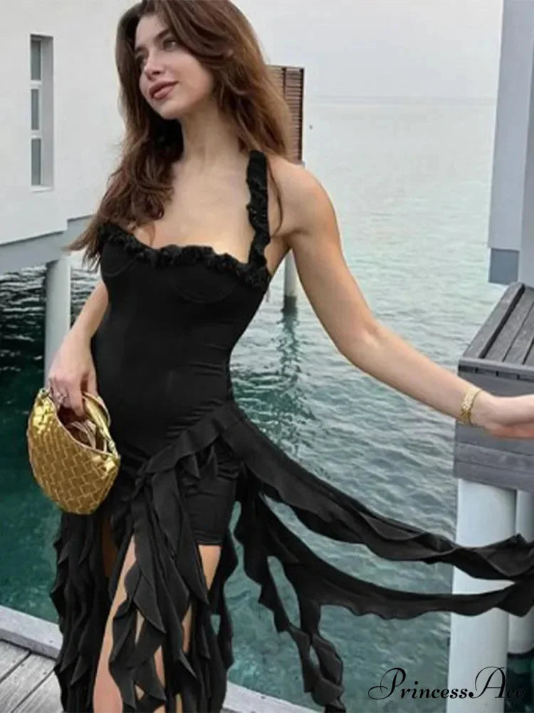 Halter Fringe Stylish Midi Dress Black / L