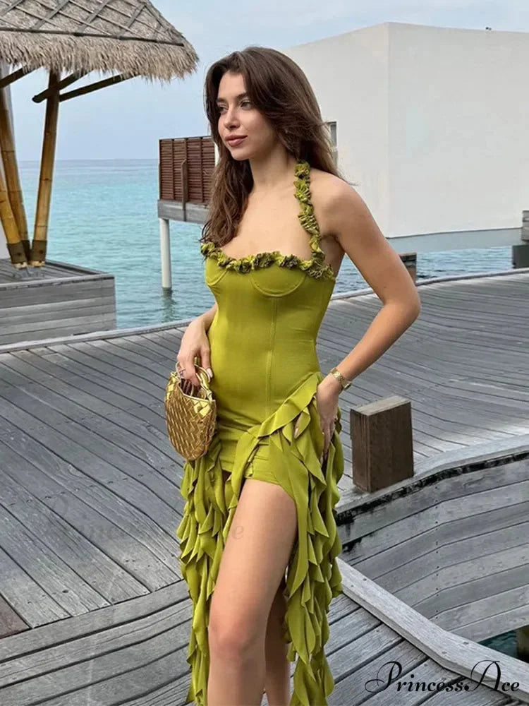 Halter Fringe Stylish Midi Dress Green / L