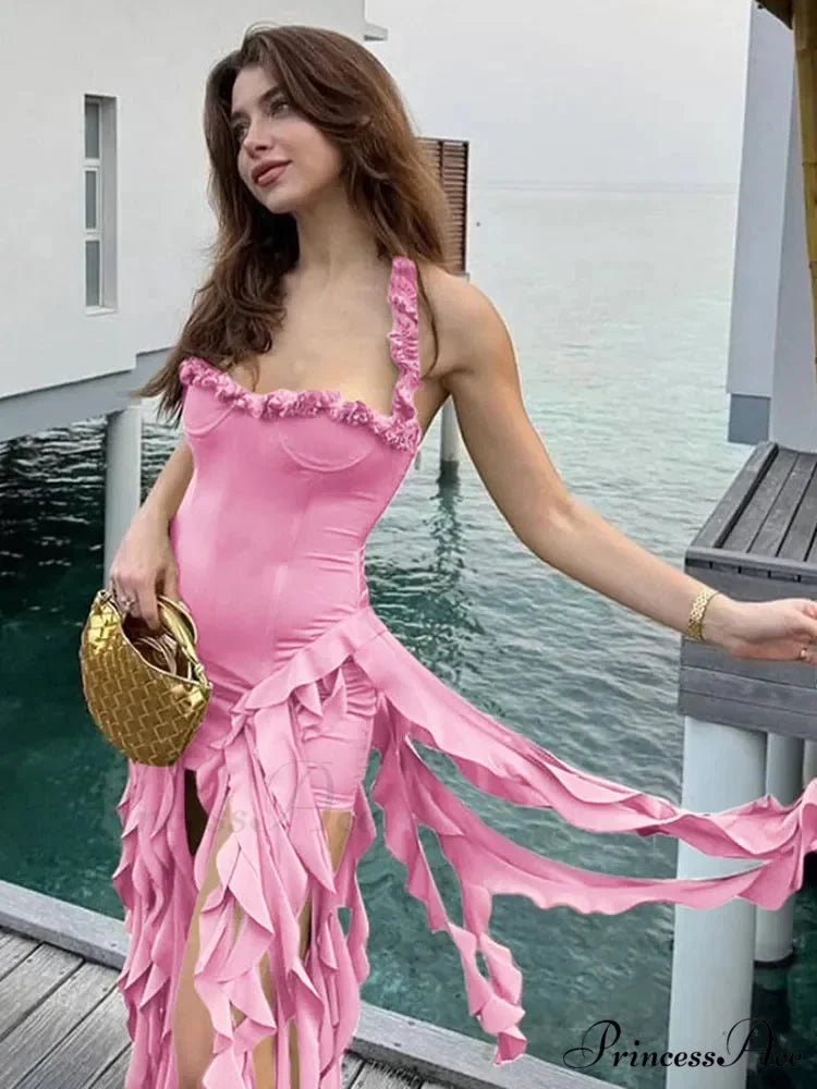 Halter Fringe Stylish Midi Dress Pink / L