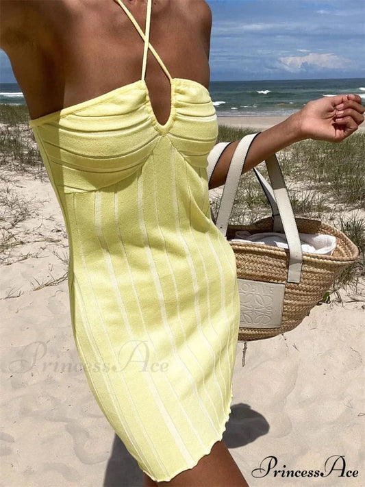 Halter Knitted Envelop Mini Dress Yellow / S minidress-250223