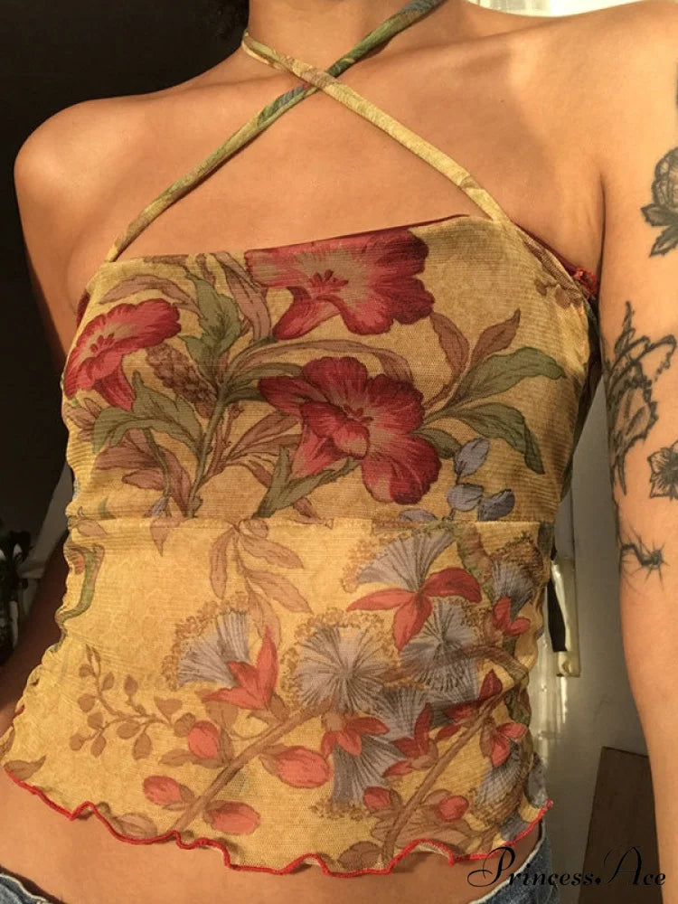 Halter Letter Heart Trendy Print Crop Top Apricot / XL