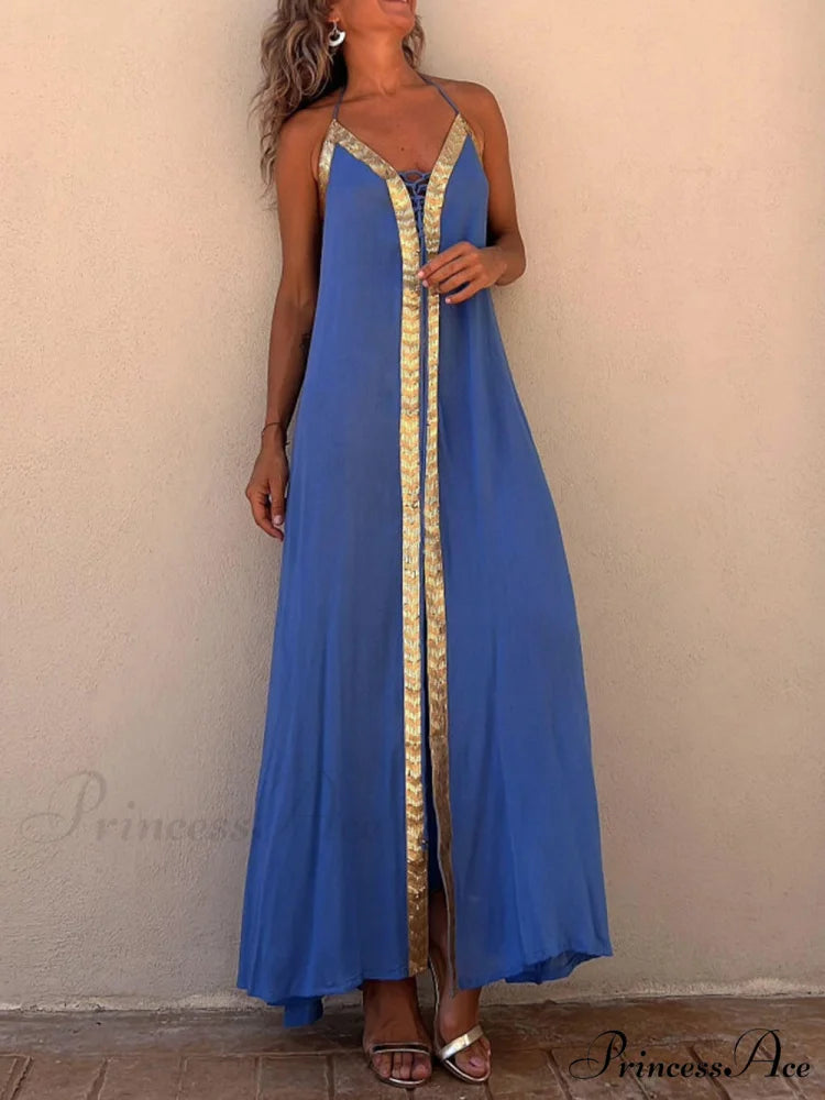 Halter Neck Casual Charming Resort Maxi Dress Blue / S