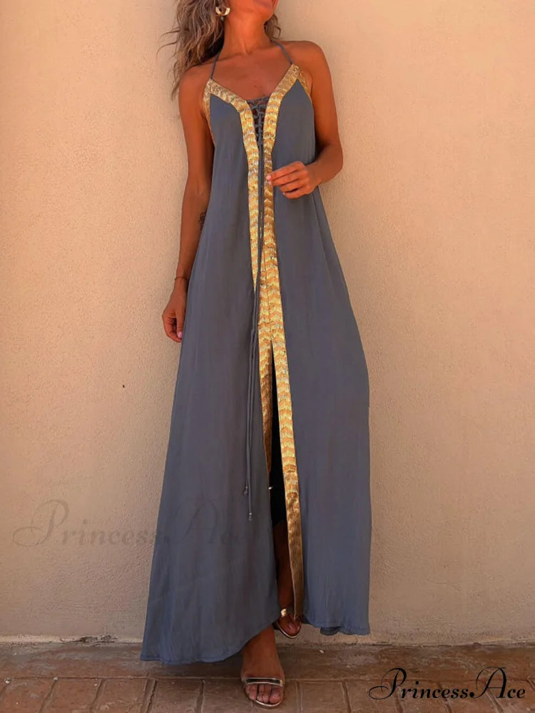 Halter Neck Casual Charming Resort Maxi Dress Gray / S