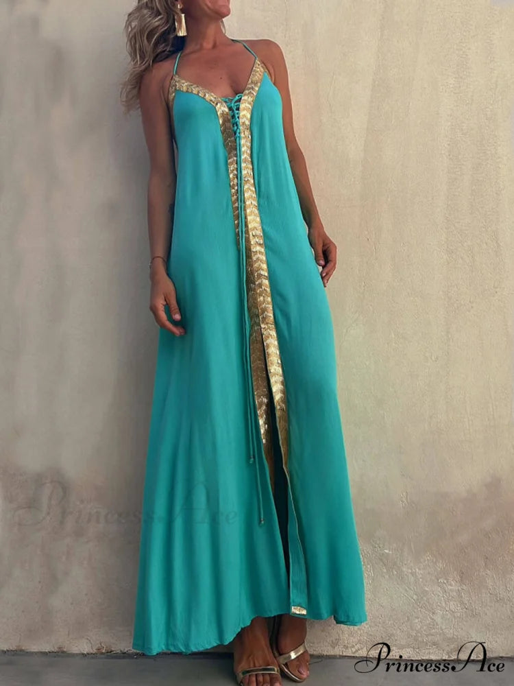 Halter Neck Casual Charming Resort Maxi Dress Green / S