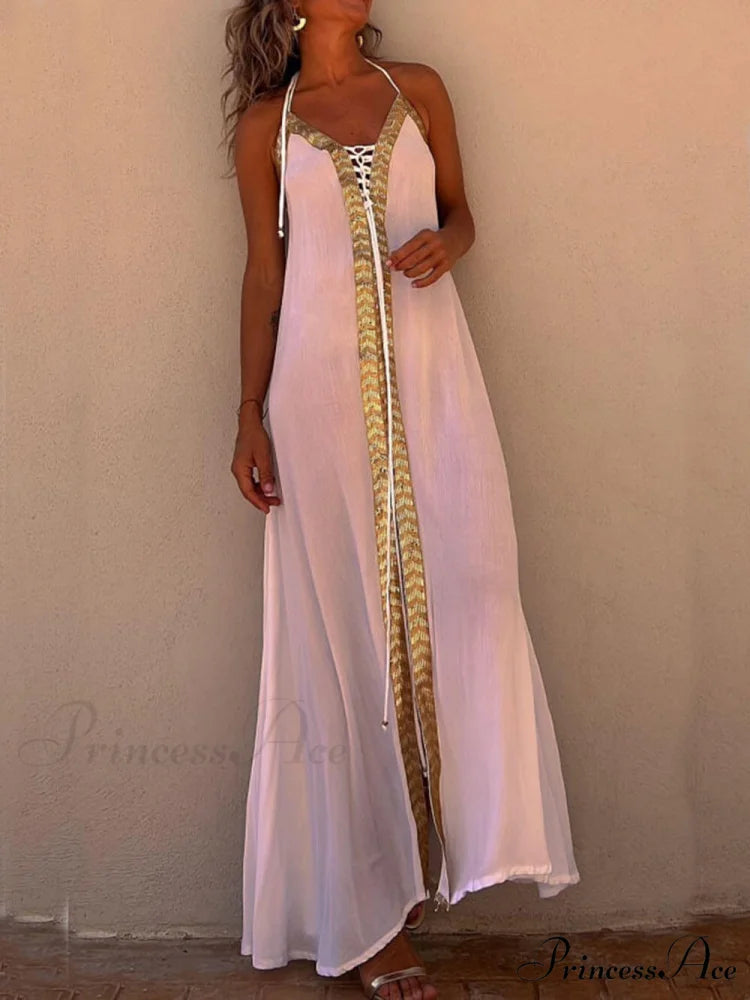 Halter Neck Casual Charming Resort Maxi Dress Light Pink / S