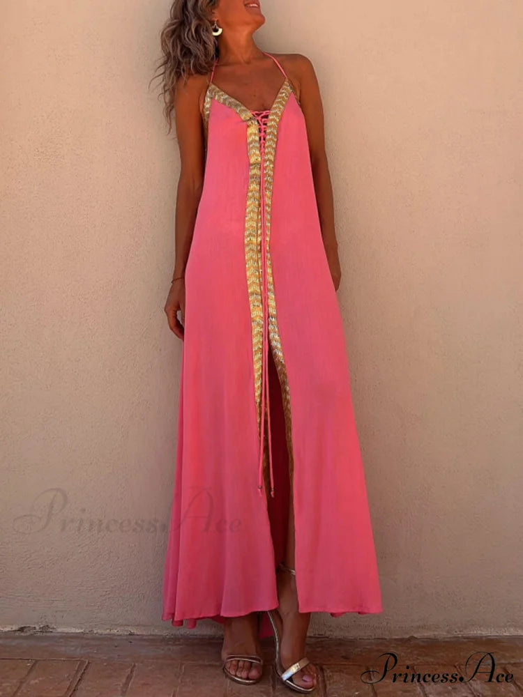 Halter Neck Casual Charming Resort Maxi Dress Watermelon Red / S
