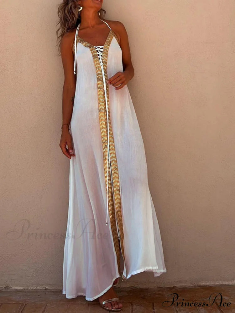 Halter Neck Casual Charming Resort Maxi Dress White / S