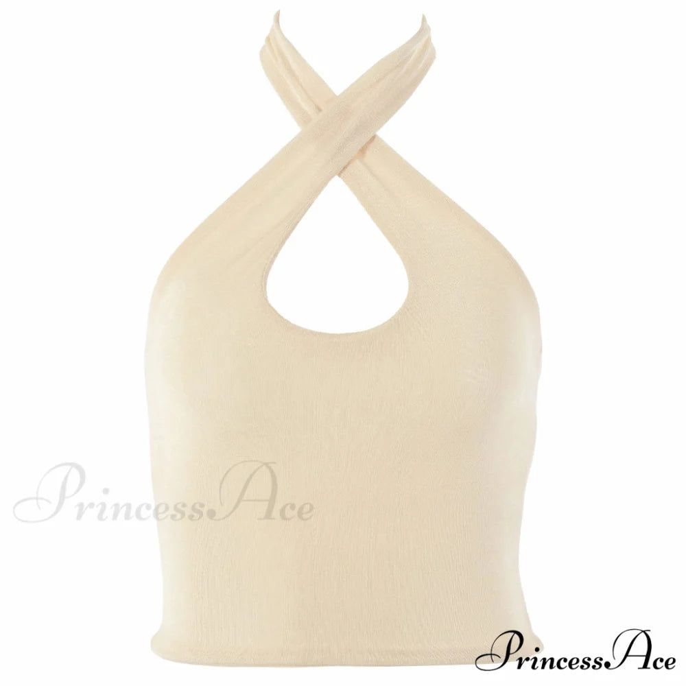 Halter Neck Cropped Trendy Tank Top - White L / Beige
