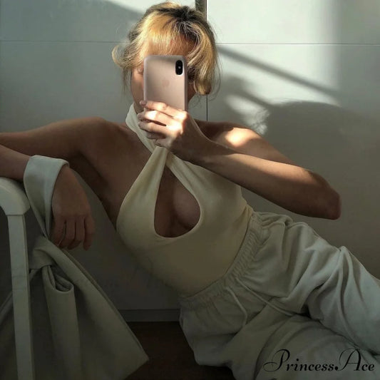 Halter Neck Cropped Trendy Tank Top - White M / Beige