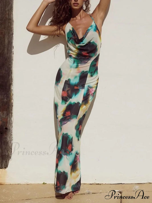 Halter Neck Tie Resort Graceful Style Print Mixi Dress Multicolor / S