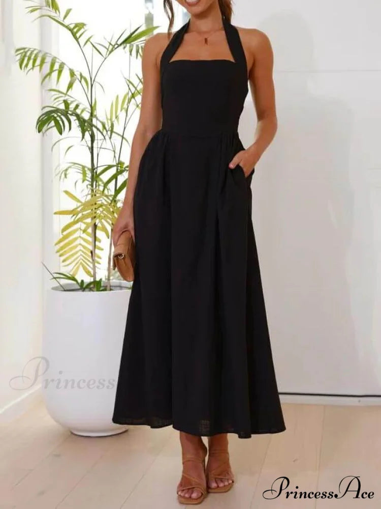 Halter Neck Waist Little Graceful Black Dress Mid Length Dress