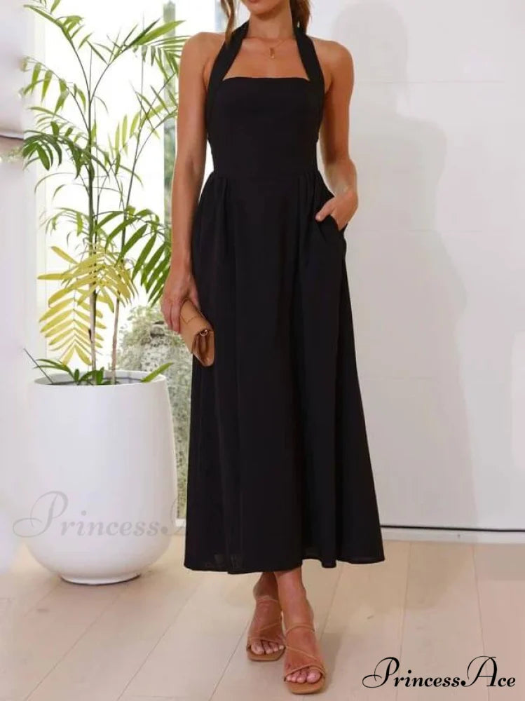 Halter Neck Waist Little Graceful Black Dress Mid Length Dress Black / S