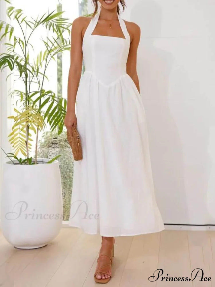 Halter Neck Waist Little Graceful Black Dress Mid Length Dress White / S