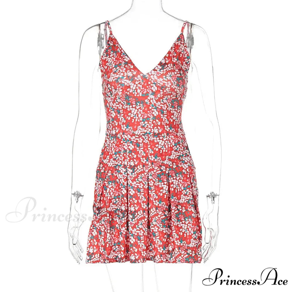 Halter Short 2024 Spring New V-neck Casual Fashion Fashion 2024 Y2k Traf Floral Dress PINK / S