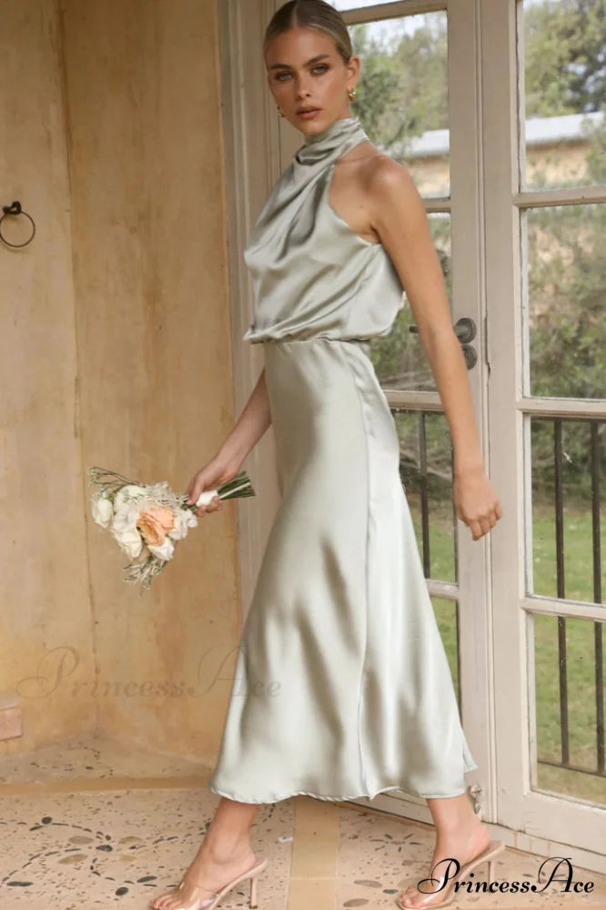 Halter Sleeveless Stylish Satin Bridesmaid Dress