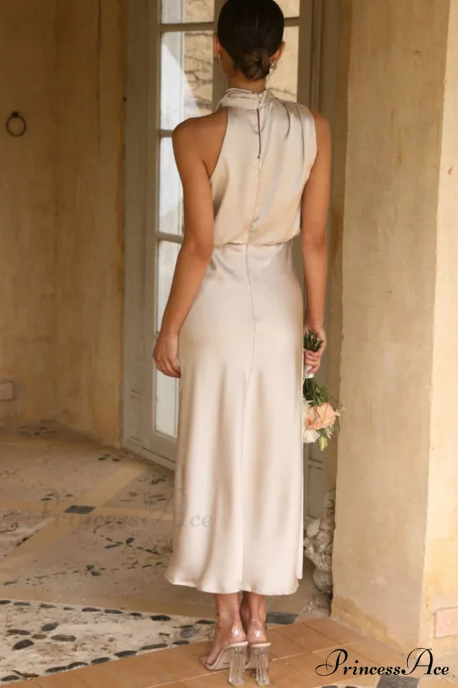 Halter Sleeveless Stylish Satin Bridesmaid Dress
