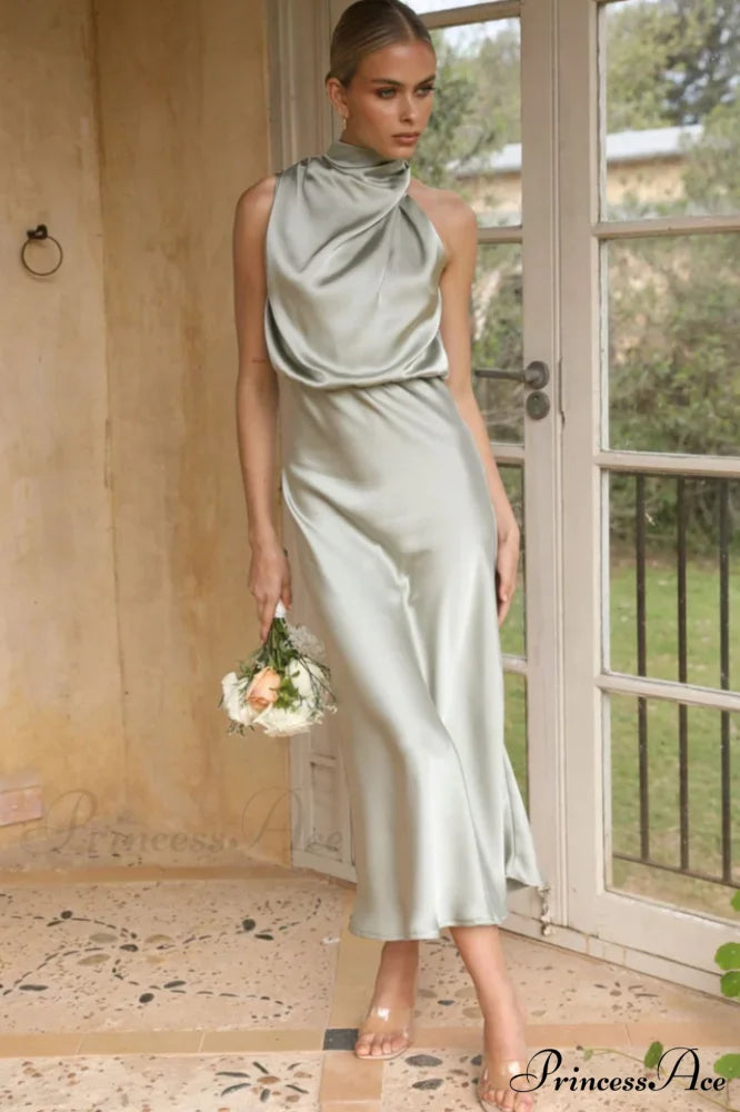 Halter Sleeveless Stylish Satin Bridesmaid Dress