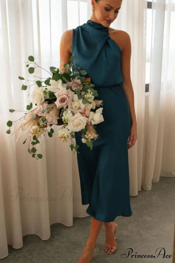 Halter Sleeveless Stylish Satin Bridesmaid Dress