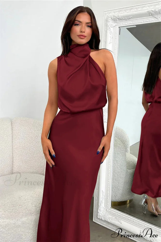 Halter Sleeveless Stylish Satin Bridesmaid Dress