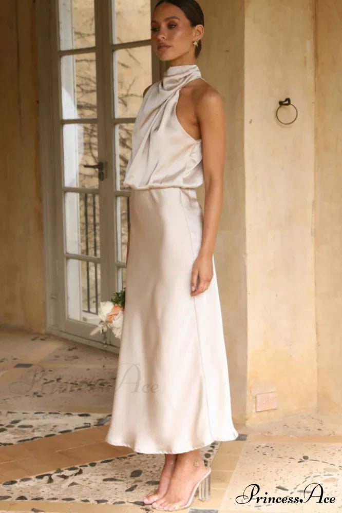 Halter Sleeveless Stylish Satin Bridesmaid Dress