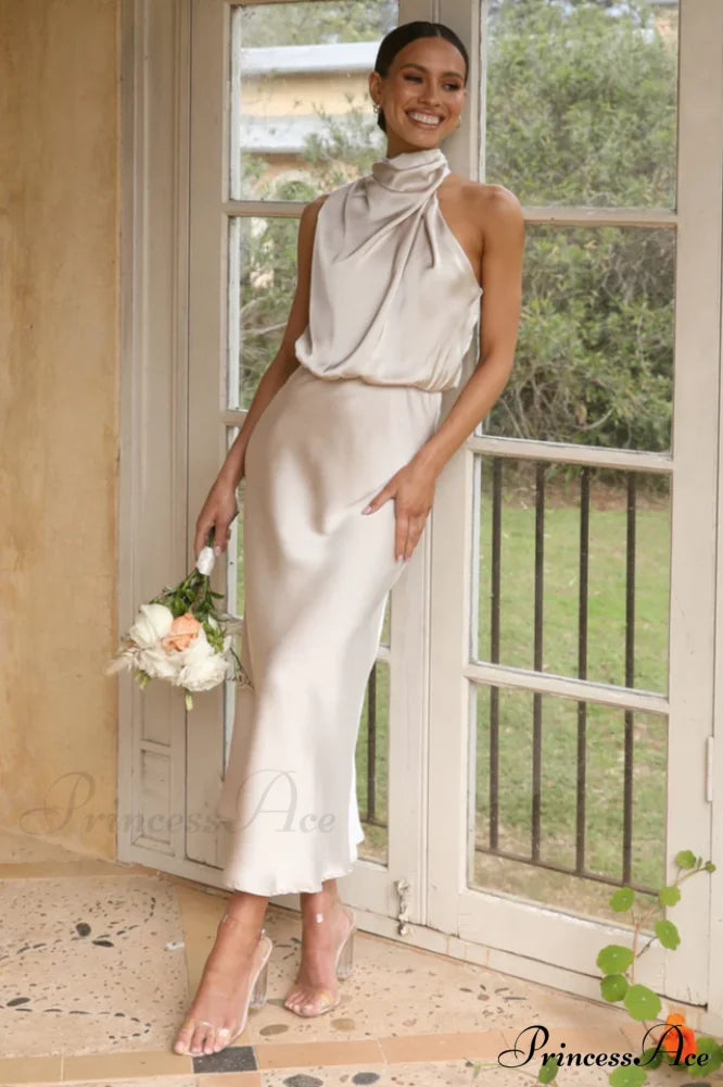 Halter Sleeveless Stylish Satin Bridesmaid Dress S / Apricot