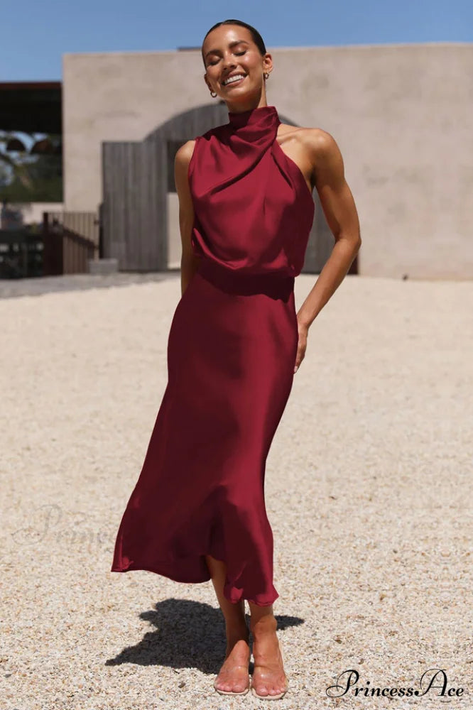 Halter Sleeveless Stylish Satin Bridesmaid Dress S / Burgundy