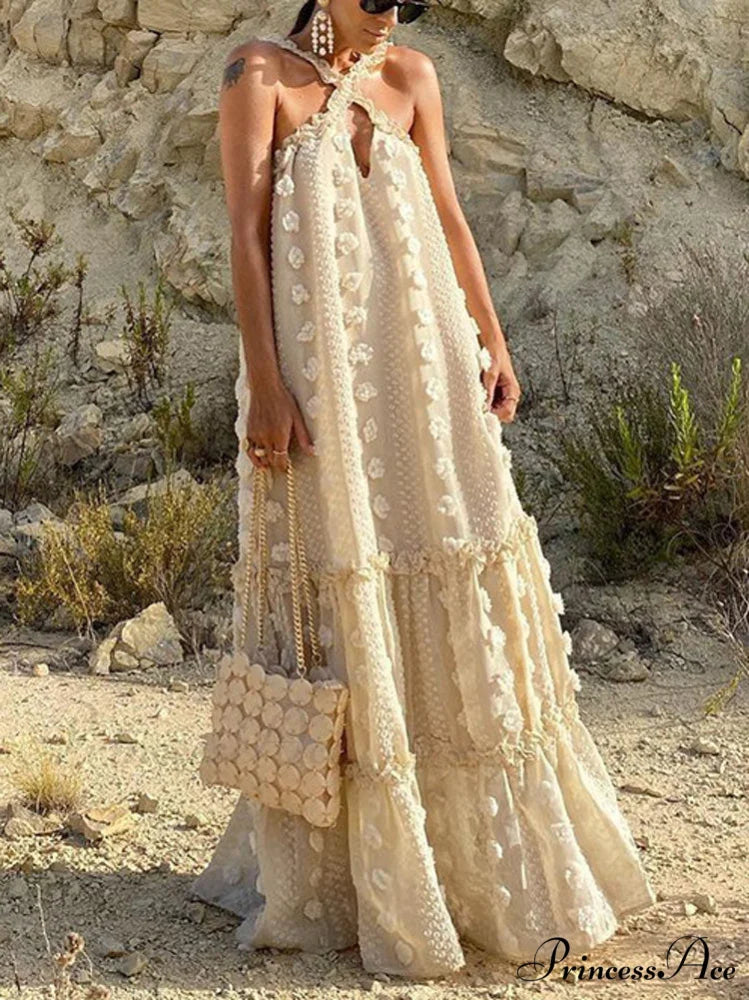 Halter Tassel Graceful Mini Dress Beige / S