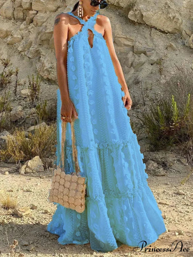 Halter Tassel Graceful Mini Dress Blue / S
