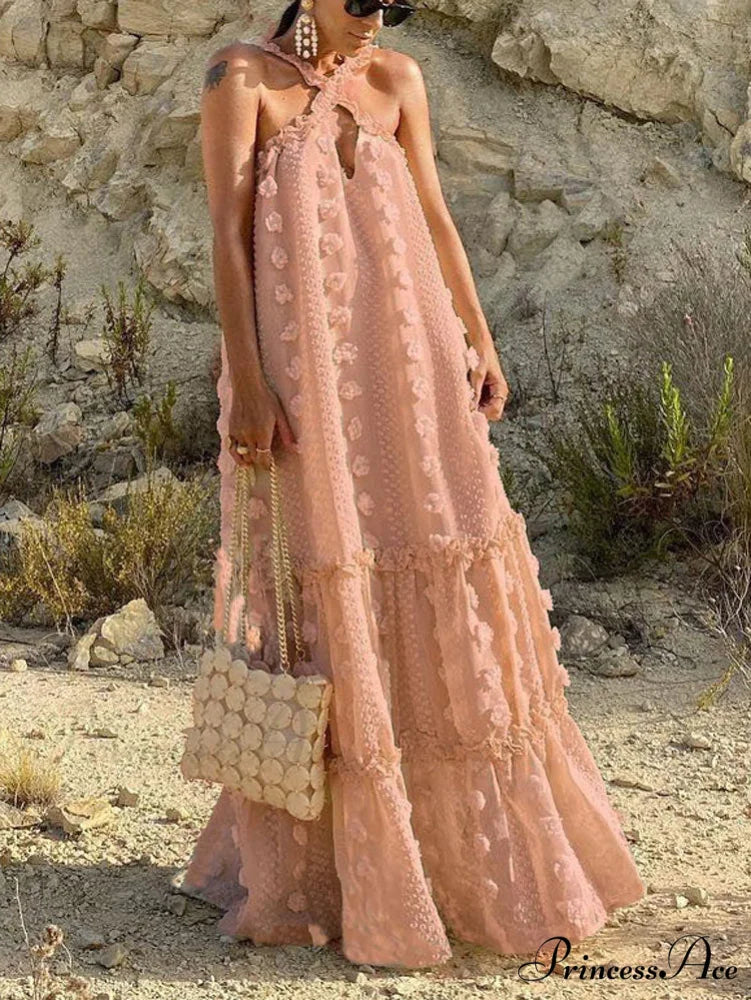 Halter Tassel Graceful Mini Dress Pink / S