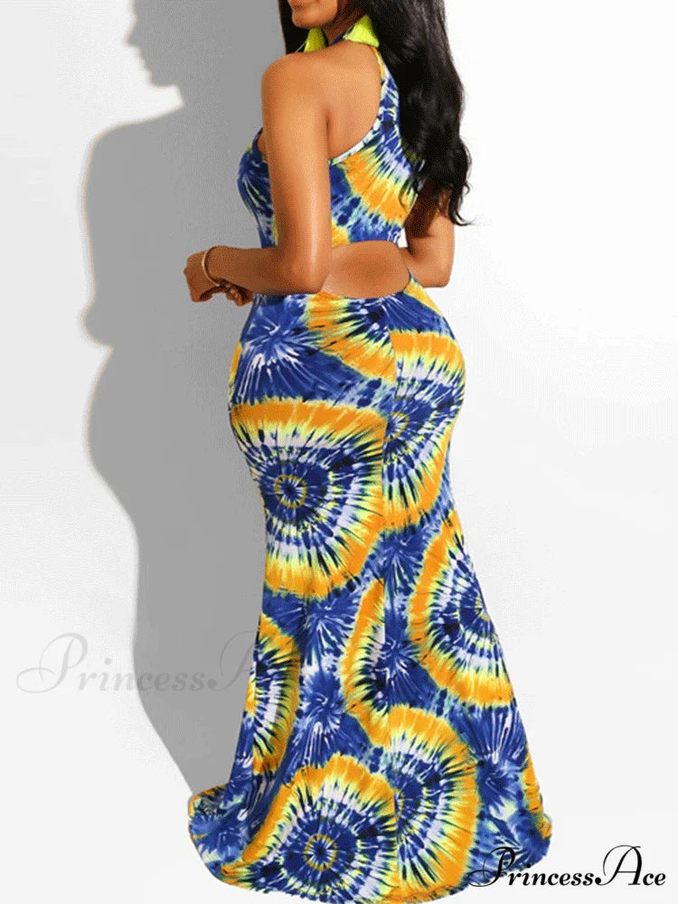 Halter Three-dimensional Graceful Floral Cake Dress Blue Circle / S