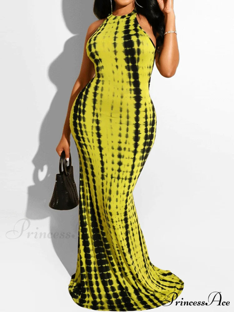 Halter Three-dimensional Graceful Floral Cake Dress Yellow Black / S