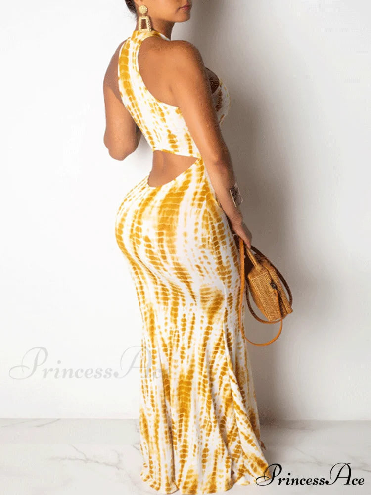 Halter Three-dimensional Graceful Floral Cake Dress Yellow White / S