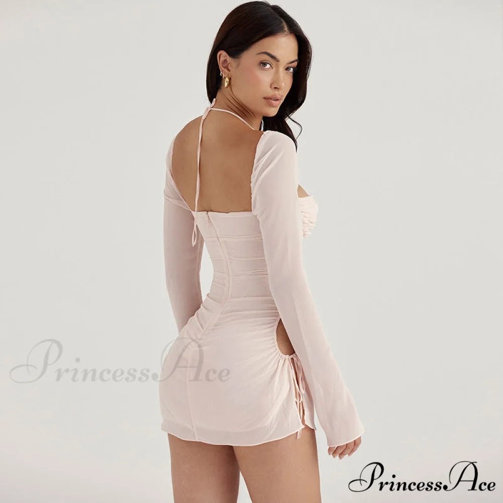 Halter Tie Strap Ruched Cut Classic Out Club Mini Dress - Green L / Light Pink