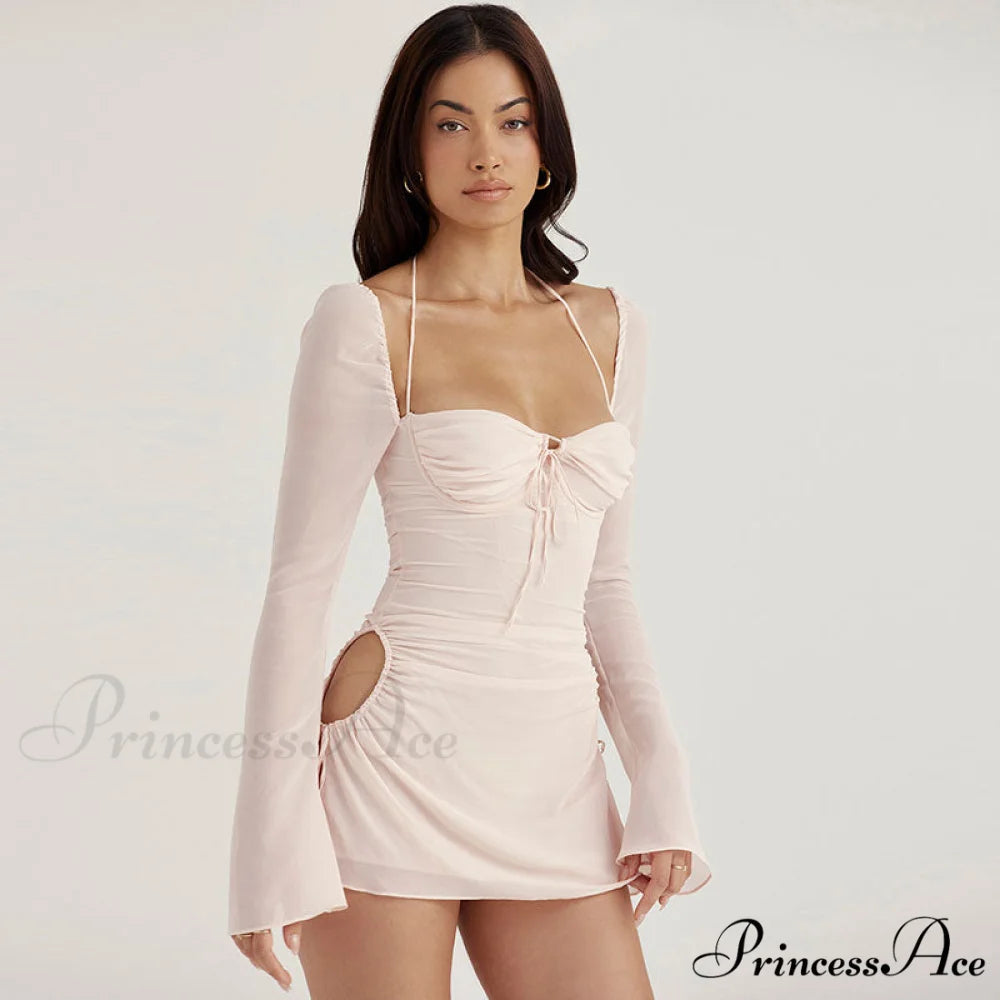 Halter Tie Strap Ruched Cut Classic Out Club Mini Dress - Green M / Light Pink