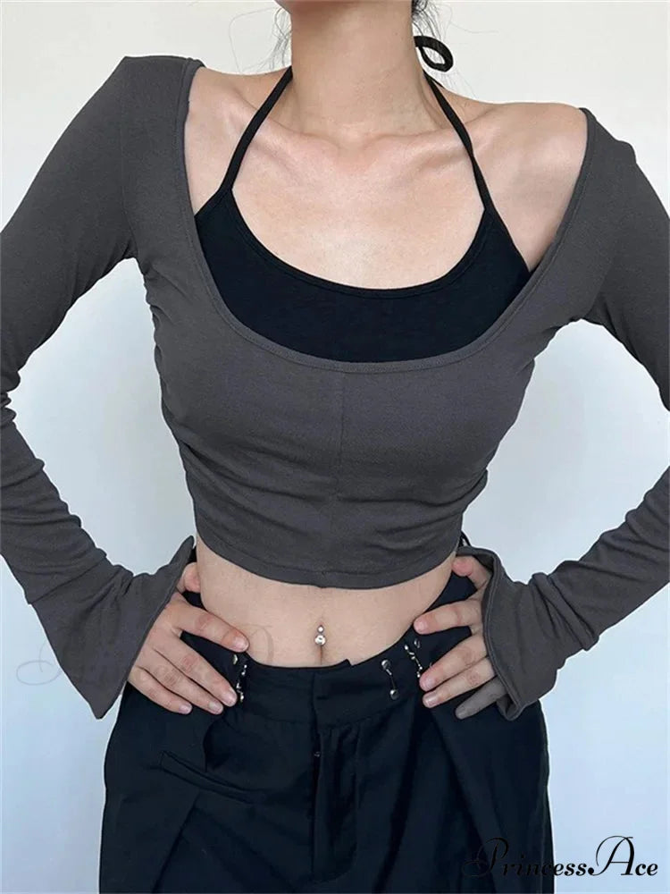 Halter Tie-upOff Shoulder Patchwork Long Sleeve Slim Fit T-shirts GREY / S