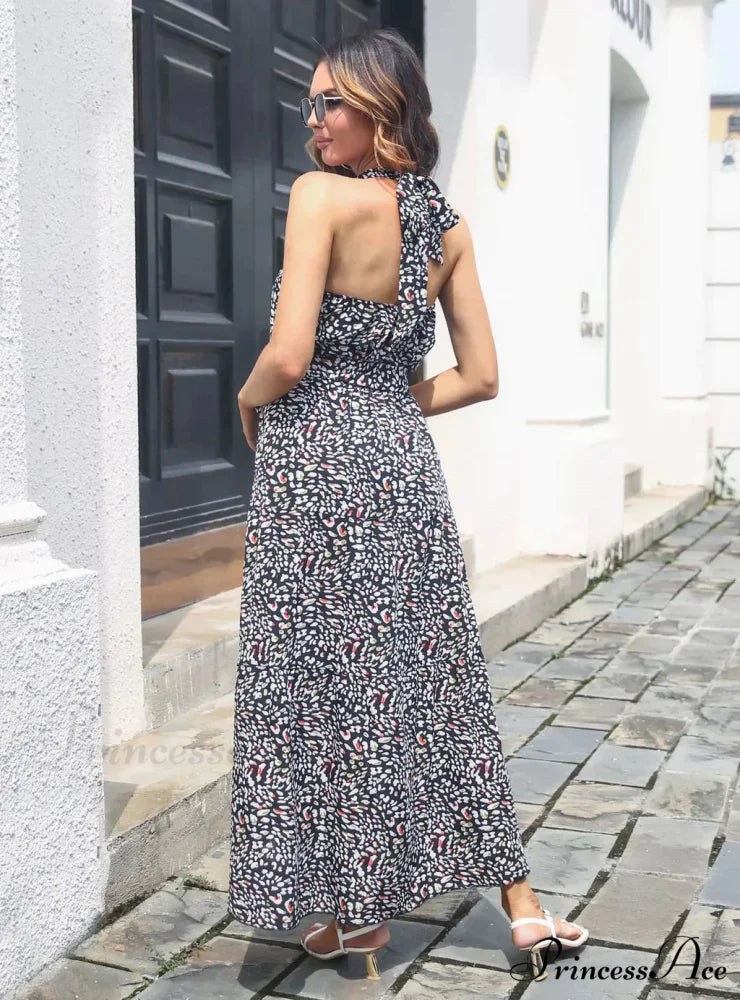 Halter with Gown Design Long Belt Leopard Neck L / BLACK
