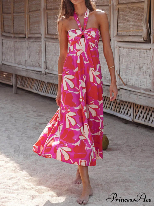 Halterneck Print Berry Charming Lotus Midi dress Red / S