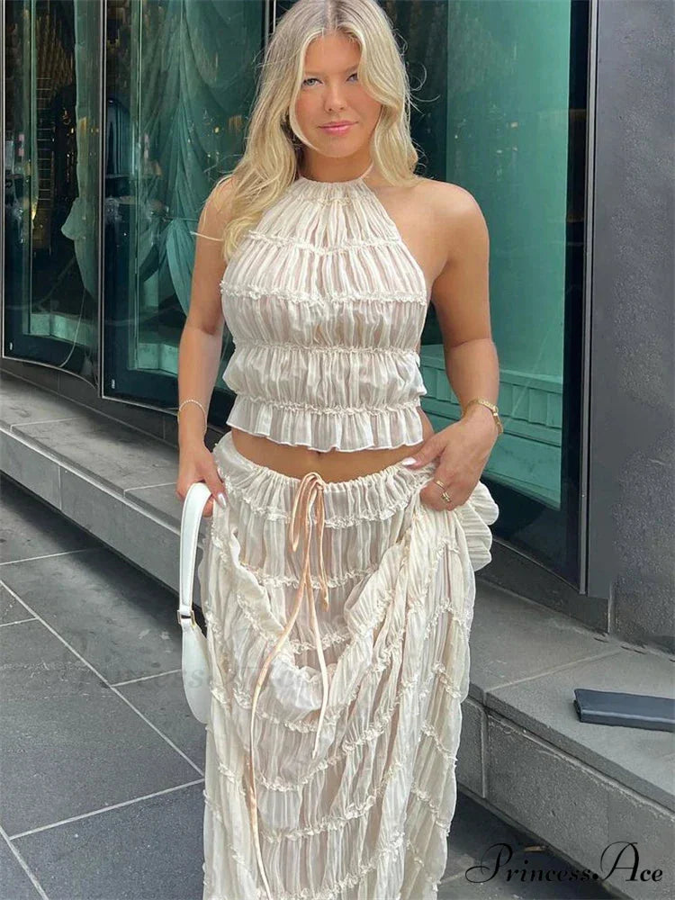 Halterneck Ruched Open Back Tie Trendy Up Top And Maxi Skirt Set