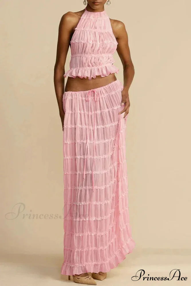 Halterneck Ruched Open Back Tie Trendy Up Top And Maxi Skirt Set